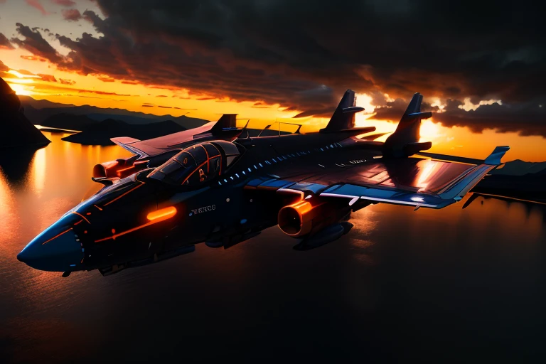 Baby Blue zxrspc, masterpiece, best cinematic quality, photorealistic highly detailed 8k raw photo, volumetric lighting, volumetric shadows, reflective fuselage, A vibrant sunset in the clouds, with hues of orange, pink, and purple painting the sky