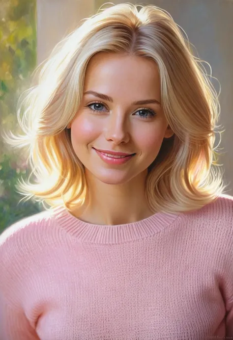 (best quality,highres),Woman with shiny blonde hair wearing a pink sweater,beautiful detailed hair,soft light,delicate facial features,subtle smile,glowing skin,expressive eyes,relaxed posture,natural environment,peaceful atmosphere,soft colors,warm sunlig...