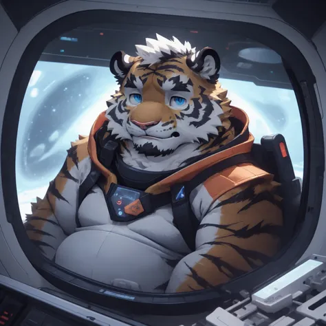 New Jersey 5 Furry,Tiger，portrait，Exquisite， Chubby，Fat，Thick arms，Rugged muscles，plush fur，Chubby脸，Black eyebrows，Sky blue eyes，Beard，Inside the spacecraft，White spacesuit，Operating the spacecraft，confidence