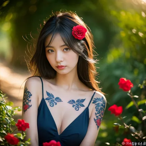 ((best quality, 8k, Masterpiece :1.3)), Clear face focus :,dark pink shirt Dark red, dark blue, tight, colorful.,) Korean style, girl style. Long hair blows up with the force of the wind.,)  White tattoo 25 years. perfect body beauty:1.4. In front of the c...