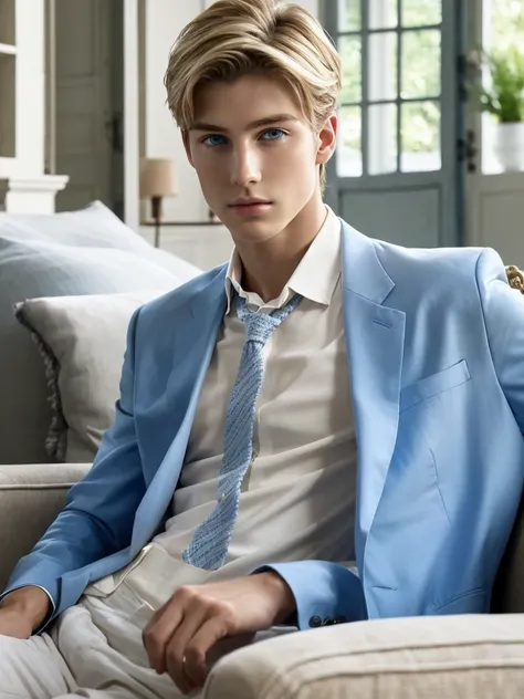 A boy of 10 years slender short blonde hair blue eyes white skin fine features handsome boy masculine fine European features fine clothes elegant well dressed living room luxurious classic elegant