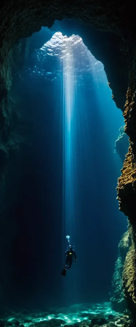 Divers swim to the bottom of the deep sea canyon，Vertical composition，Claustrophobic，Extreme darkness，The bottom of the canyon is glowing