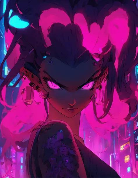 a woman with long hair and a pink light in her hand, cyberpunk art by Kieran Yanner, Artstation, conceptual art, tiefling, demon girl, beautiful succubus, nocturne from league of legends, demon woman, tiefling from d & d, portrait of a female demon, demoni...