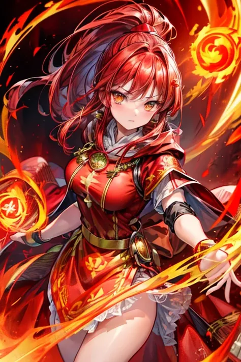 (masterpiece, best quality, expressive eyes, perfect face), (anime), 1girl, (symbol eyes, fire eyes), holding a bow made out of fire, red hair, ponytail, yellow eyes, red cloak, red musketeerdress, golden pauldrons, 