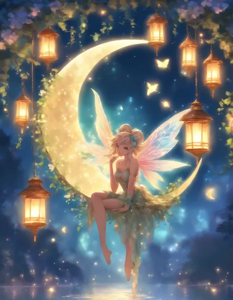 there is a fairy sitting on a crescent with a lantern, the moonlit dance of the fae, a beautiful pole dancing fairie, by Alison Kinnaird, fairy cgsociety, beautiful fairie, faerie, beautiful faery sorceress, fantasy gorgeous lighting, by Nene Thomas, beaut...