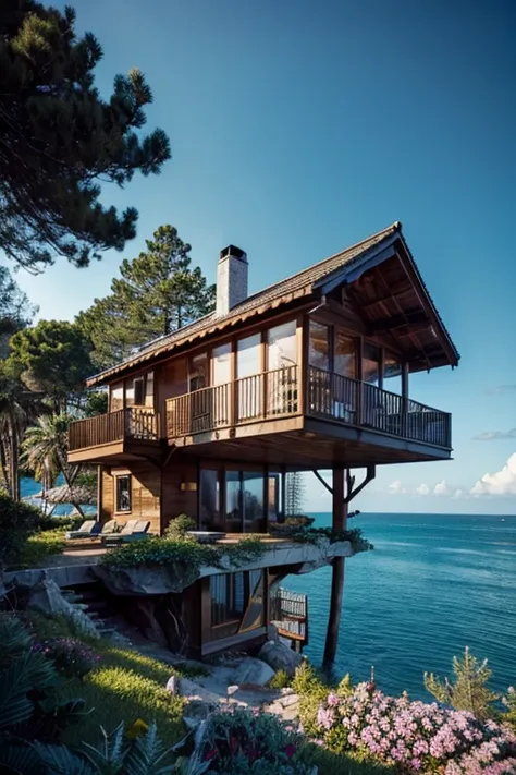 Perfection The Coolest tree house on a large rock in the middle of the sea with flowers in front of the house and trees on both sides of the house
