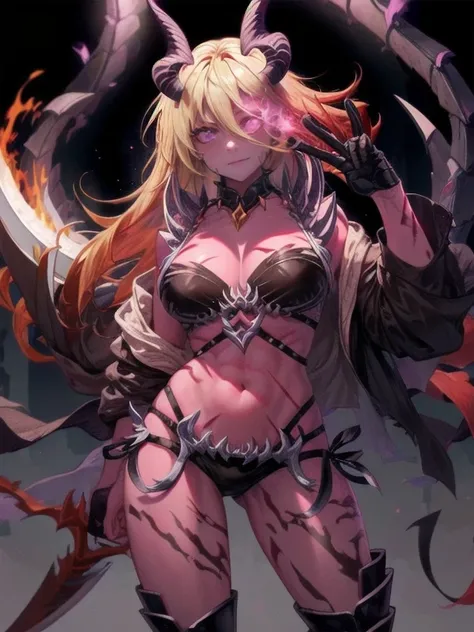 Masterpiece, best quality, expressive eyes, perfect face, female demonic figure with horns holding a sword and holding it by its blade, 1girl, red skin, horns, colored skin, demon girl, blonde hair, long hair,demon horns, collar, black bikini, flaming eye,...