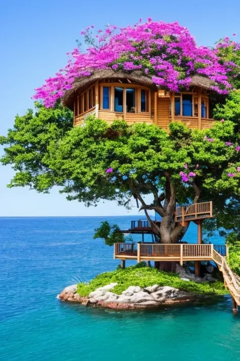 Perfection The Coolest tree house on a large rock in the middle of the sea with flowers in front of the house and trees on both sides of the house
