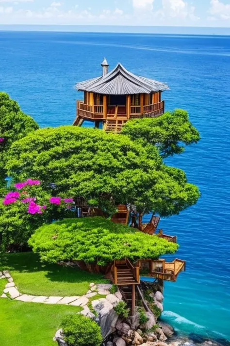 Perfection The Coolest tree house on a large rock in the middle of the sea with flowers in front of the house and trees on both sides of the house
