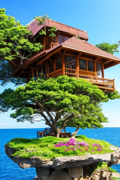 Perfection The Coolest tree house on a large rock in the middle of the sea with flowers in front of the house and trees on both sides of the house
