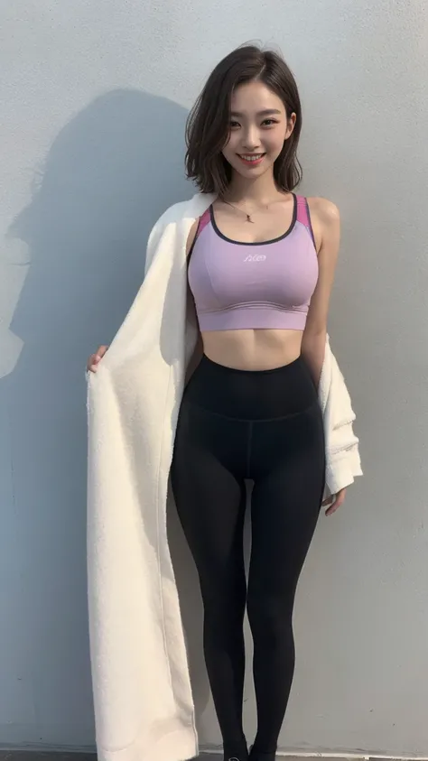 Sports Bra、tights、Open chest、I&#39;m not wearing anything underneath、Full Body Shot、20th Ayaka、NiziU AYAKA、 ４Ｋ、１People Women、slender、 Loose, wavy styling 、Fascinating and attractive、Including the texture of the face and skin.，Detailed eyes、A soothing expre...