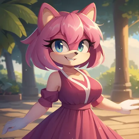 mom tenrec mobian, female mobian, mom dress, royal pink hair, bob cut hair, royal pink fur, (mom body), royal blue eyes, mom, cute smile, outline, Intricate Details, Masterpiece, Best Quality, High Quality, Studio Quality, Best Detail, Perfect Detail, Refi...