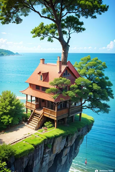 Perfection The Coolest tree house on a large rock in the middle of the sea with flowers in front of the house and trees on both sides of the house
