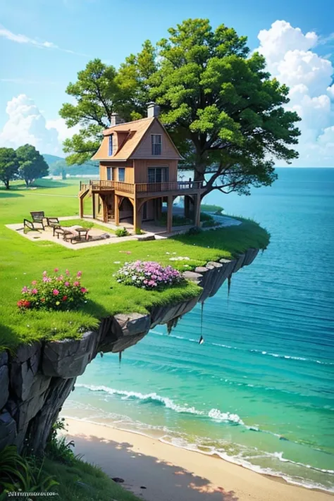 perfection the coolest tree house on a large rock in the middle of the sea with flowers in front of the house and trees on both ...