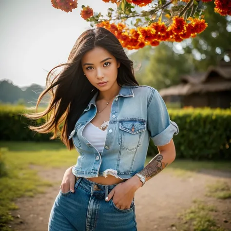 ((best quality, 8k,, Clear face focus :,Cropped waist jeans jacket. Long hair blows up in the wind.,)  White tattoo 25 years. perfect body beauty:1.4. In front of the camera. More intimate. clearer than this, There is an old, thatched hut.,) There are red ...