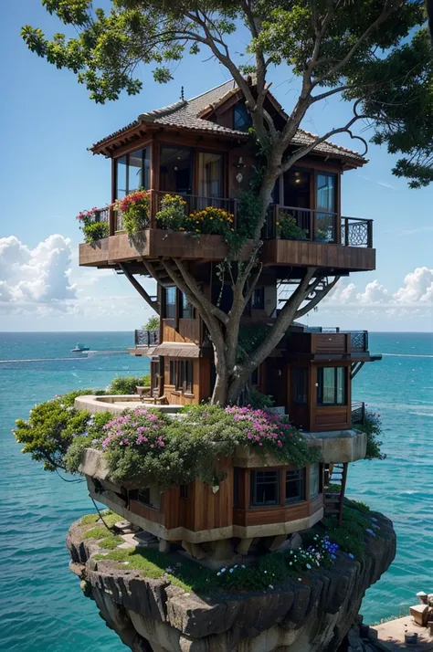 Perfection The Coolest tree house on a large rock in the middle of the sea with flowers in front of the house and trees on both sides of the house