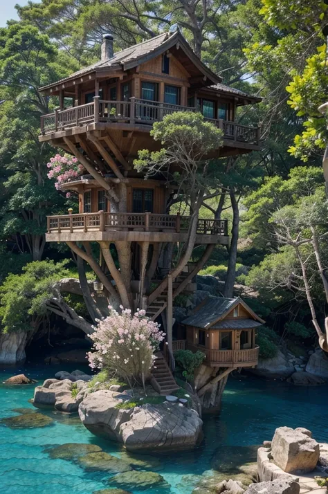 Perfection The Coolest tree house on a large rock in the middle of the sea with flowers in front of the house and trees on both sides of the house