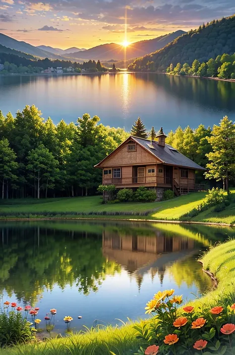 the house in the forest by the small lake at the side of the house with the mountain and flowers in the sunset