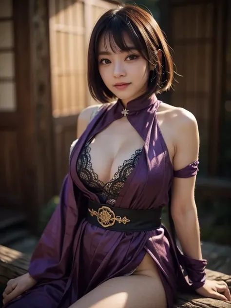 crossed leg、A big smile、8K Portrait、Black Bob、Kunoichi、Samurai Girl、Hanfu、Beautiful Japanese Women、White skin、double eyelid、Wearing a black and purple ninja costume、Plump cleavage、whole body、1 girl、arms、sword、一人でarmsを握る、Blood、swordのグリップ、Arm guard、Looking a...