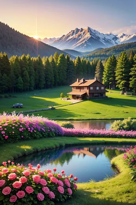 the house in the forest by the small lake at the side of the house with the mountain and flowers in the sunset, and also has lux...