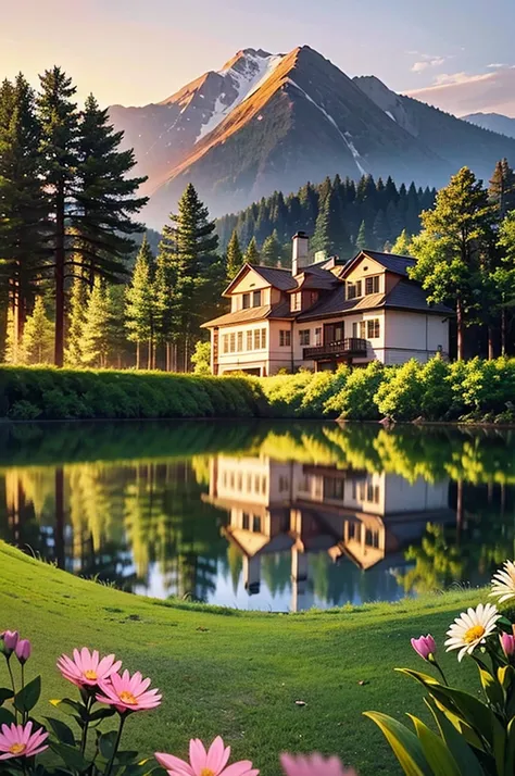 the house in the forest by the small lake at the side of the house with the mountain and flowers in the sunset, and also has lux...