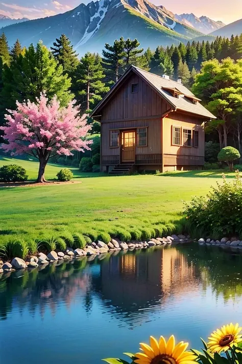 the house in the forest by the small lake at the side of the house with the mountain and flowers in the sunset, and also has lux...