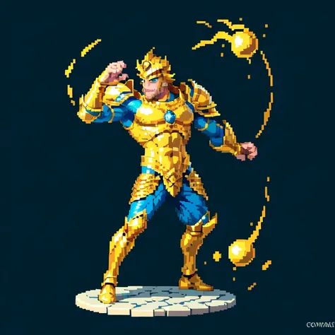 (masterpiece, top quality, best quality), pixel,pixel art,1man,golden and blue armor,poseidon,trisula,punch power,full body, 
 