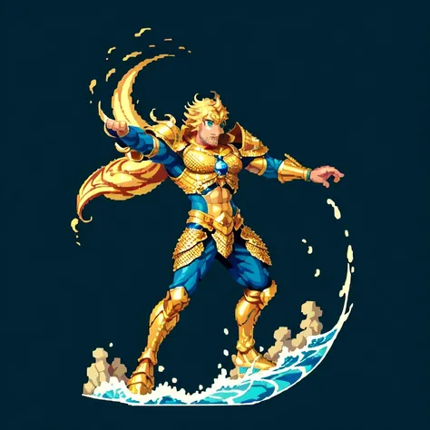 (masterpiece, top quality, best quality), pixel,pixel art,1man,golden and blue armor,poseidon,sea wave,punch power,full body, 
 