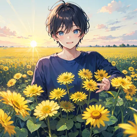 (zh-CN) Farmland, morning dew, sun-baked wheat field, leisurely blossoming dandelions, (1 boy), a big smiling face under the bright sun, wearing light cotton attire, blue shirt, kind and natural.