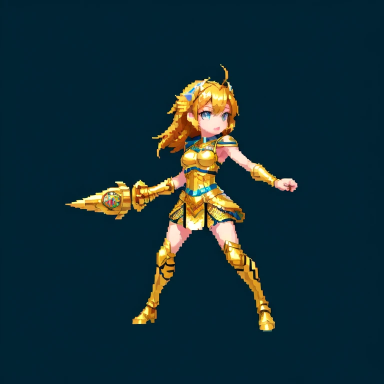 (masterpiece, top quality, best quality), pixel,pixel art,1girl,golden armor,athena,owl,punch power,full body, 
 