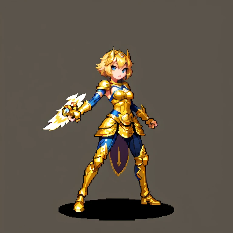 (masterpiece, top quality, best quality), pixel,pixel art,1girl,golden armor,athena,owl,punch power,full body, 
 