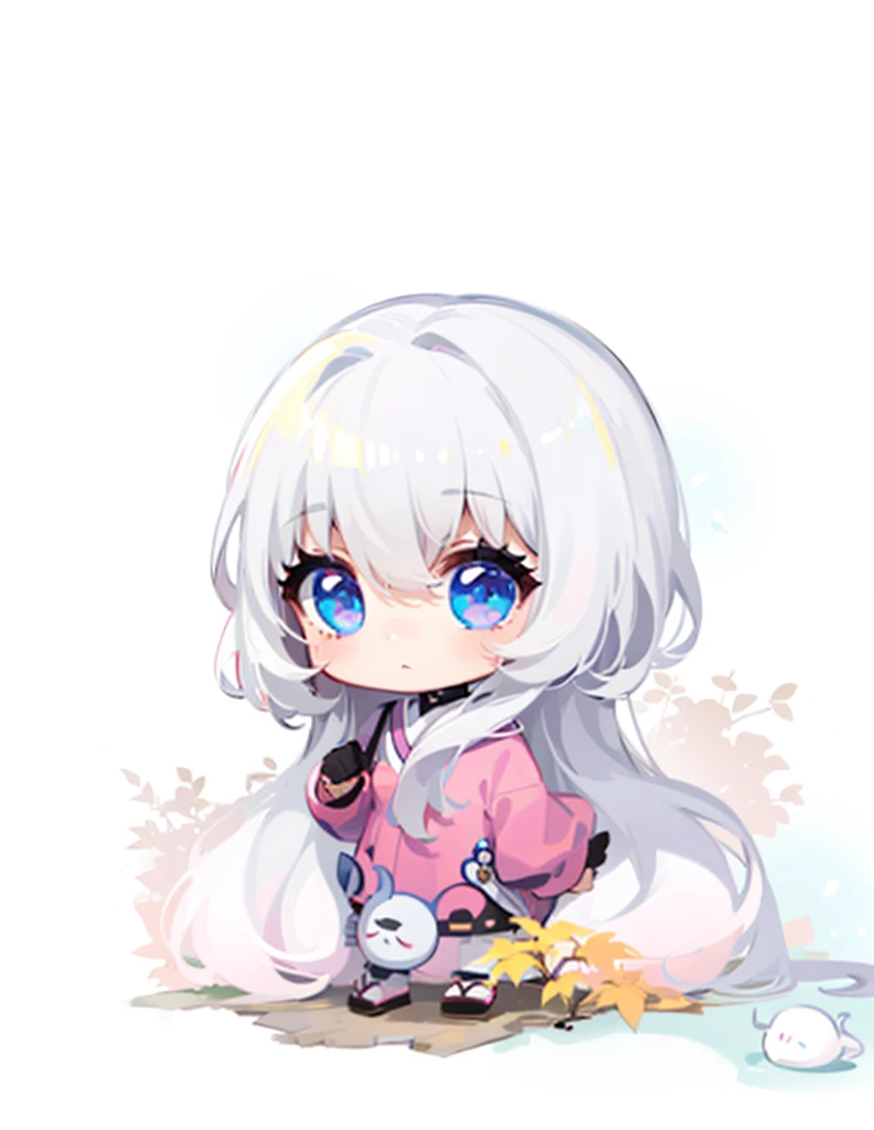 1 girl,white long hair,pink dress,ponytail, inspired by Takehisa Yumeji, visual novel sprite, white haired deity, style of maplestory, pale young ghost girl, chibi, sakimi chan,  (maplestory)