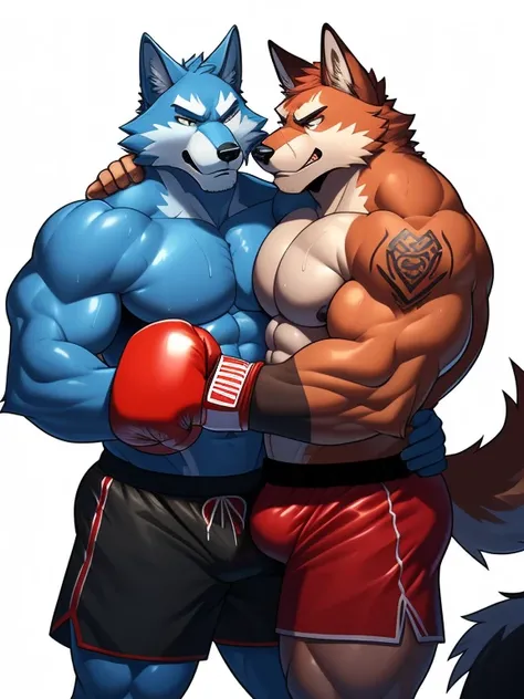 Duo big male fighters(Blue Wolf vs Red Wolf, handsomes, Thick eyebrows), beso gay((Cuddling embraced from behind in a boxing match)(cuddling body frottage)), hot(Full body, shirtless), handsomes(They are handsomes, correct anatomy), musculosos(Big muscle b...