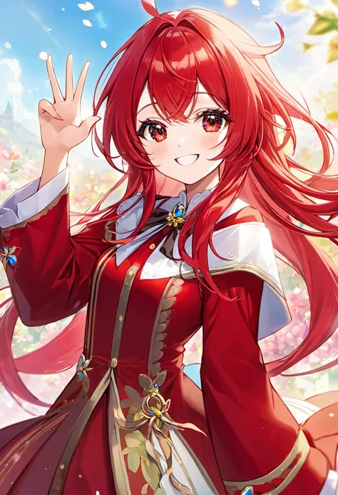 Beautiful girl, long red hair, red eyes, wearing beautiful red clothes, smiling gently and waving her hand