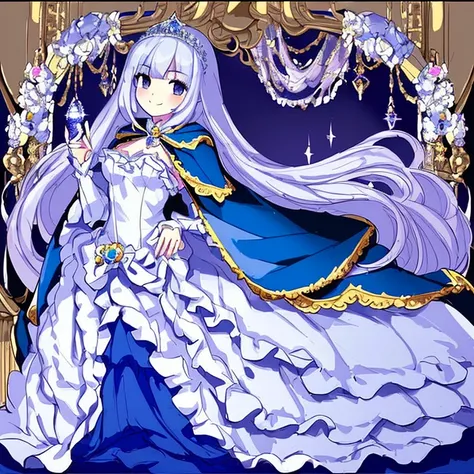 full body,(masterpiece),(best quality),(ultra-detailed), rococo style,(long train blue cape),(long train white ball gown with flowers), a girl is wearing a cape over her dress, 1 little princess, tiara, smile, very long hair, small breast