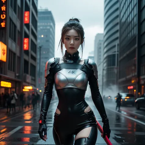 (best quality,4k,8k,highres,masterpiece:1.2),ultra-detailed,(realistic,photorealistic,photo-realistic:1.37),cyberpunk,a female samurai,erotic,night,neon lights,techno cityscape,dark and mysterious,glowing tattoos,shiny metallic armor,exaggerated details,fu...