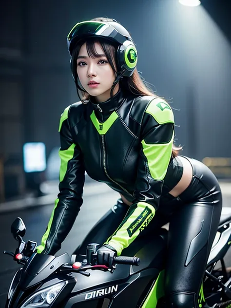 Highest image quality, Outstanding details, Ultra-high resolution, (realism: 1.4), Best example, Favor the details, Highly concentrated 1girl, Beautiful face, Wearing black and green armor, Wearing a mecha helmet, Holding the directional controller, Riding...