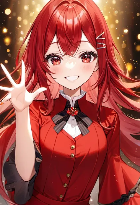 Beautiful girl, long red hair, red eyes, wearing beautiful red clothes, smiling gently and waving her hand, Wearing beautiful hair clips 