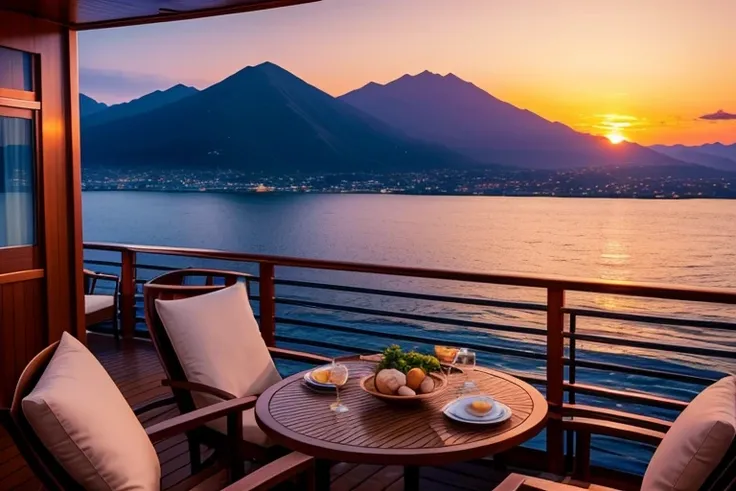 View from the deck of a cruise ship、Generate an image of a landscape lit by the setting sun。This scene has an emotional atmosphere.、It is desirable to include elements that will impress the observer.。The setting sun reflects on the sea、The sky is painted o...