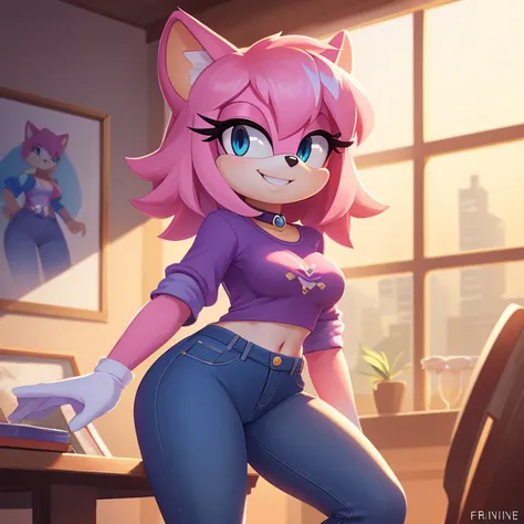 mom tenrec mobian, female mobian, purple shirt, highwasted jeans, mom jeans, royal pink hair, bob cut hair, royal pink fur, (mom...