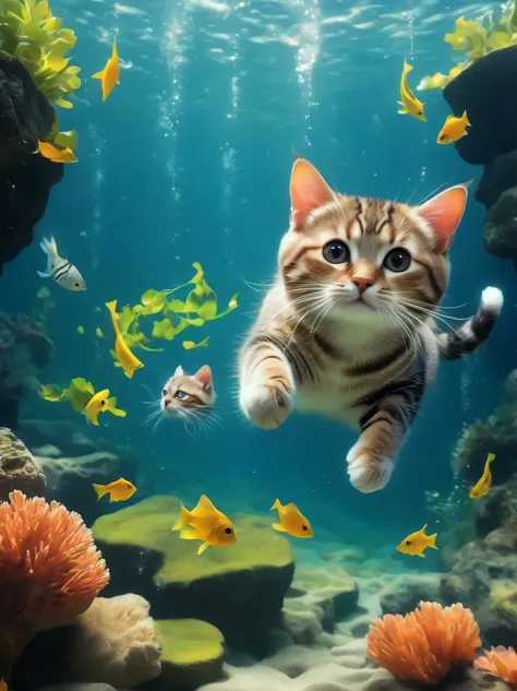 anthropomorphic cat, 一只穿着diving服和护目镜的猫，diving，one fish swims together, peter henket, kitten, realistic art, surreal illustration...