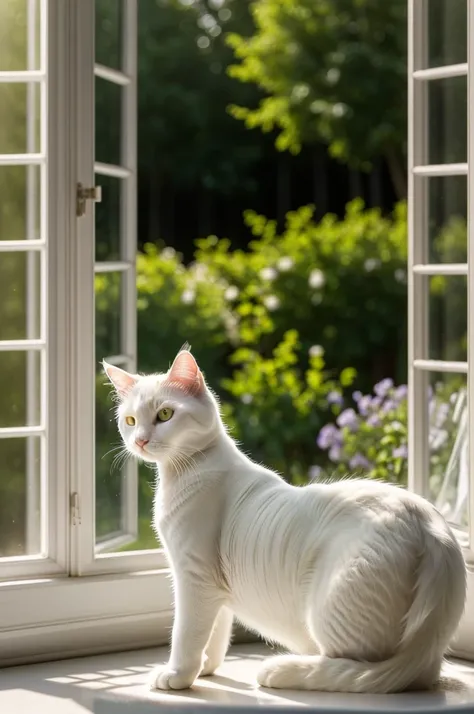 Close-up photo of a very cute pure white cat in the garden, Soft volumetric lamp, (The light from the back window is backlighted:1.3), (Cinematic:1.2), Intricate details, (art  stations:1.3), Maine