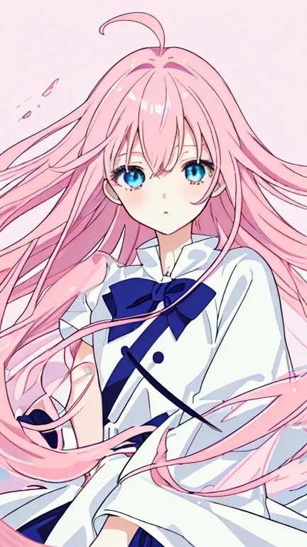 Anime Style,highest quality, masterpiece,Pink Hair, blue eyes, Upper Body,Simple Background,One Girl, Flowing Hair