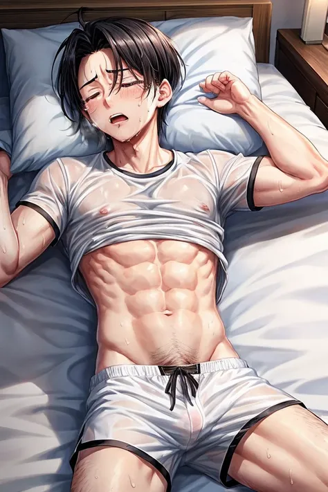 Boy sleeping on his back on the bed(Black Hair、Levi Ackerman)、Sleep、、T-Shirts(white)、boxer shorts(gray)、between legs(bulge、erection)、Sweat、Humidity、tears、hot、See-through nipples、orgasm