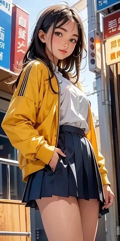 (highest quality、16K,masterpiece：1.5), Very detailed, Super detailed illustrations,(Natural Side Lighting, Cinema Lighting)、 Super detailed, One girl,（Color-matched line track jacket、Pleated mini skirt）,City streets,Sexy posture, The camera is close to the...