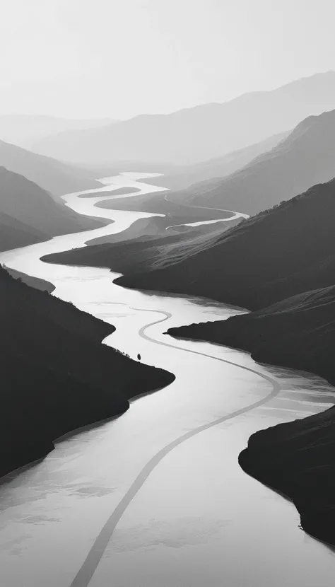 minimalist journey, black and white sketch, serene landscape, subtle lines and curves, minimalist style, peaceful atmosphere, gentle slopes, flowing river, distant mountains, soft lighting, balanced composition, simple elements, clean aesthetic, smooth tex...