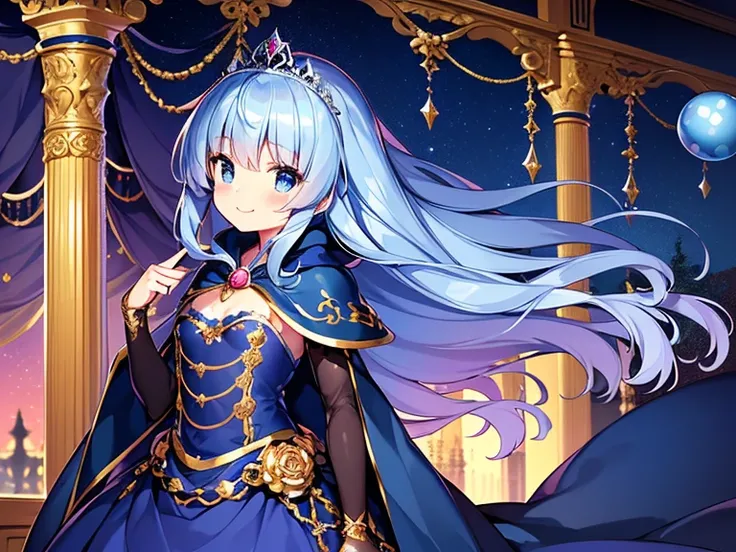 (kawaii),(best quality),(ultra detailed), upper body,(rococo style),(long train deep blue cape:1.15), very long cape,(long train deep blue ball gown with flower decorations:1.05), a girl is wearing a cape over her gown, 1 little princess, tiara, smile, ver...