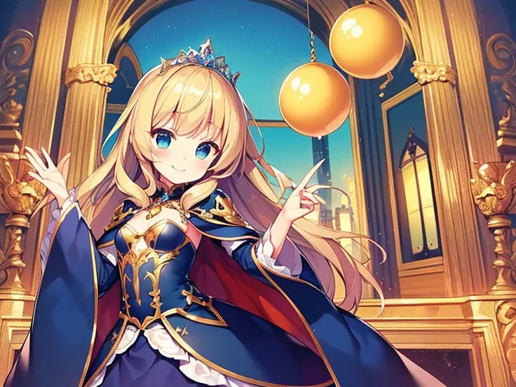 (kawaii),(best quality),(ultra detailed), upper body,(rococo style),(long train deep blue cape:1.15), very long cape,(long train deep blue ball gown with flower decorations:1.05), a girl is wearing a cape over her gown, 1 little princess, tiara, smile, ver...