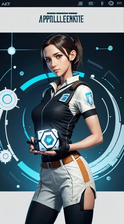 Beautiful girl Chell from the game Portal 2, standing in the uniform of the company Aperture Science. She holds a portal pushcube in her hands, with Atlas and P-body next to her