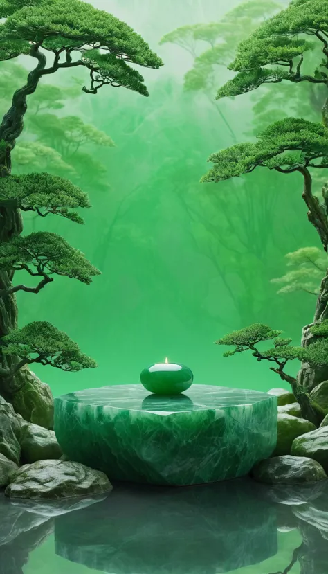 a serene and peaceful minimalist journey is depicted in this artwork. the center of the composition showcases a beautiful jade s...